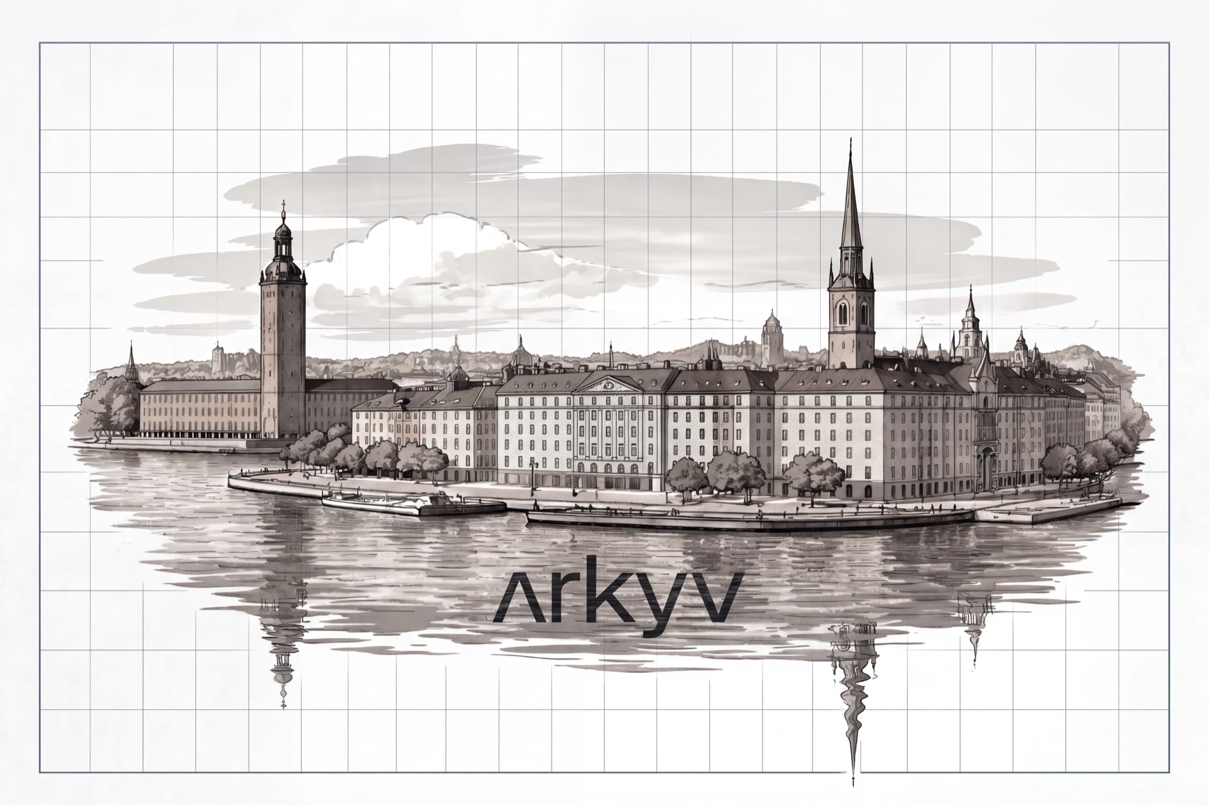 Architectural illustration of Stockholm waterfront with Arkyv branding